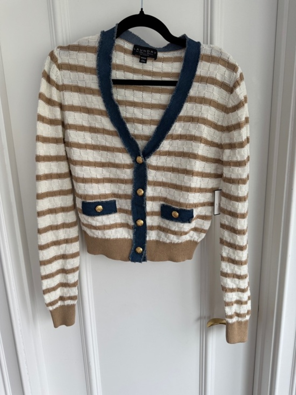 Laundry By Shelli Segal Cream and Tan Striped Cardigan with Blue Trim